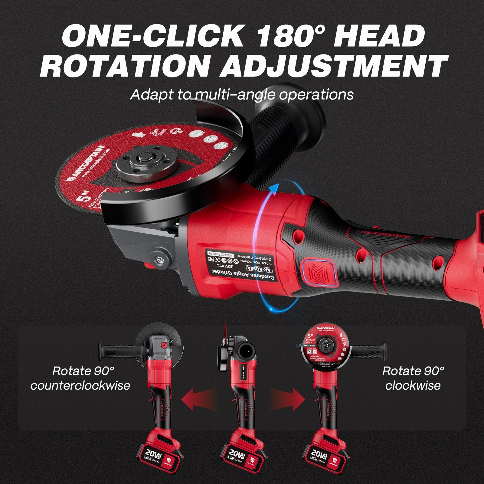 20V Brushless Cordless Angle Grinder AC-AG95, 3-Speed Grinder Kit