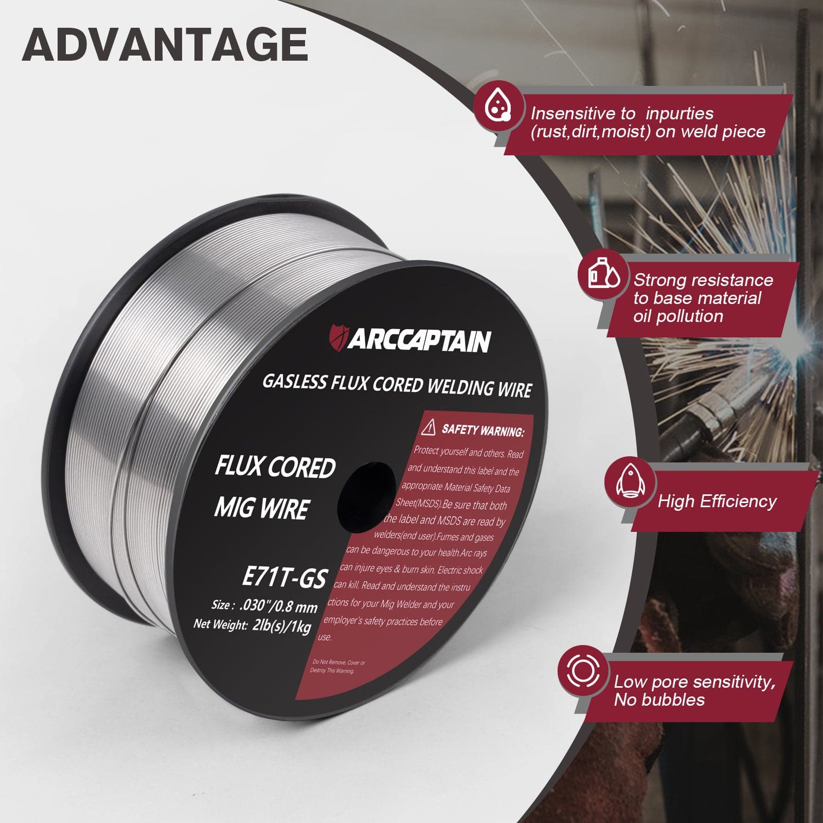 Arccaptain ‎E71T-GS Flux Core Wire 2 Lbs Spool Gasless Carbon Steel MIG Wire